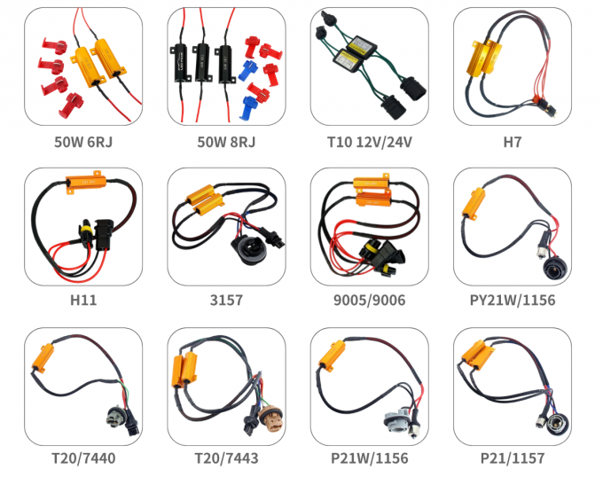 Типы исполнений резисторов RX24 в зависимости от цоколя ламп автомобильных фар, в которые установлены LED лампы